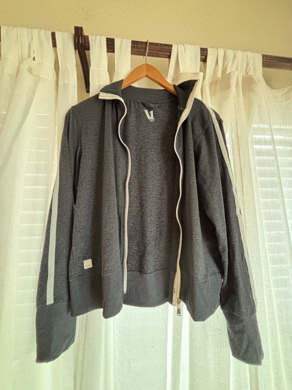 Vuori Heathered Charcoal Zip Hoodie with White Logo